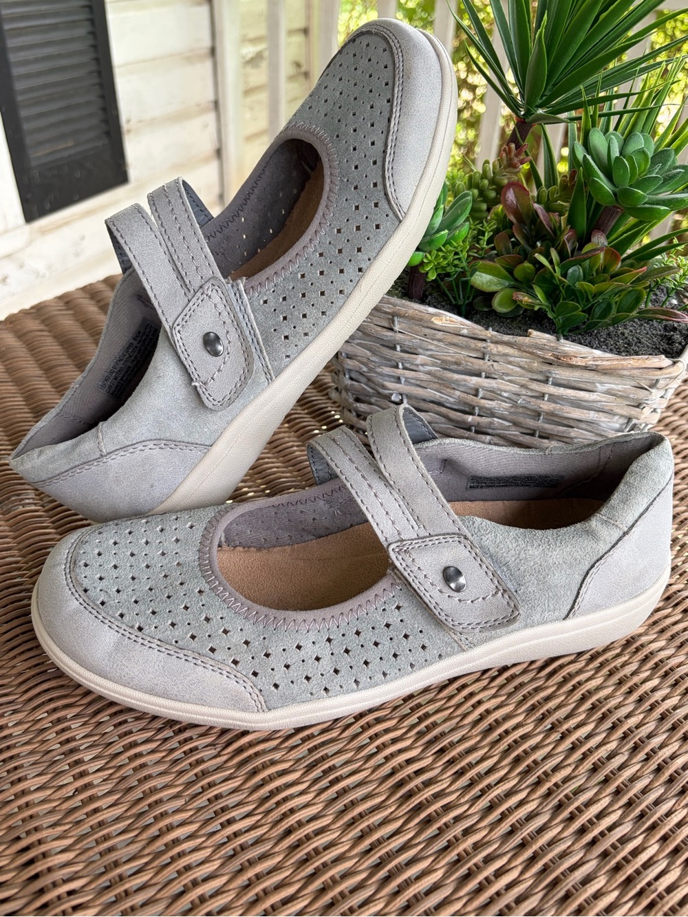 Earth Light Gray Perforated Mary Jane Mules